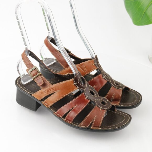 Josef Siebel Womens Sandal Size 38 7 Tan Brown Leather Heel Strappy Slingback - Picture 12 of 13
